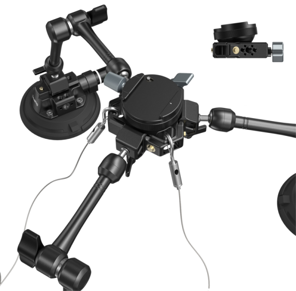 Close-up of the SmallRig 3565 All-in-One 4-arm suction cup camera mounting kit (SC-15K), which features adjustable joints, suction cups and metal cables for secure camera mounting during vehicle photography. Side view is shown in the inside photo.