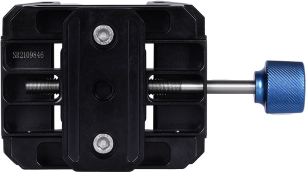 A close-up of the Sirui Universal Gun-Clamp GC-1 shows its black metal body, two silver bolts and blue knob on the right side, viewed from above against a light background.
