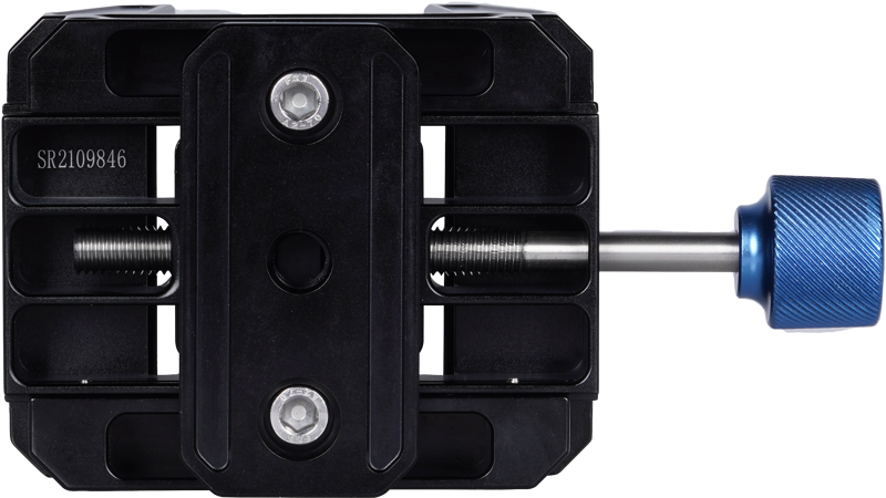 A close-up of the Sirui Universal Gun-Clamp GC-1 shows its black metal body, two silver bolts and blue knob on the right side, viewed from above against a light background.