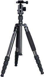 Sirui Traveler Tripod Kit T-1005+E-10, jossa on säädettävät jalat ja kuulapääkiinnitys, on kuvassa pystyssä valkoisella pohjalla.