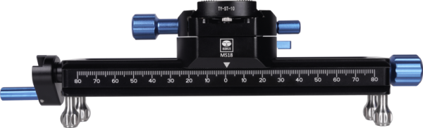 The Sirui Macro Focusing Rail MS18 is a black and blue rail with adjustment knobs and a ruler marked 70 to 90, and is mounted on two silver support brackets.