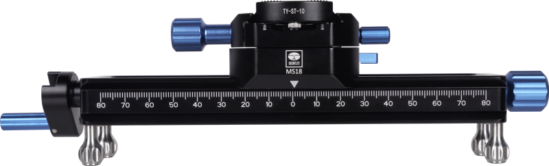 The Sirui Macro Focusing Rail MS18 is a black and blue rail with adjustment knobs and a ruler marked 70 to 90, and is mounted on two silver support brackets.