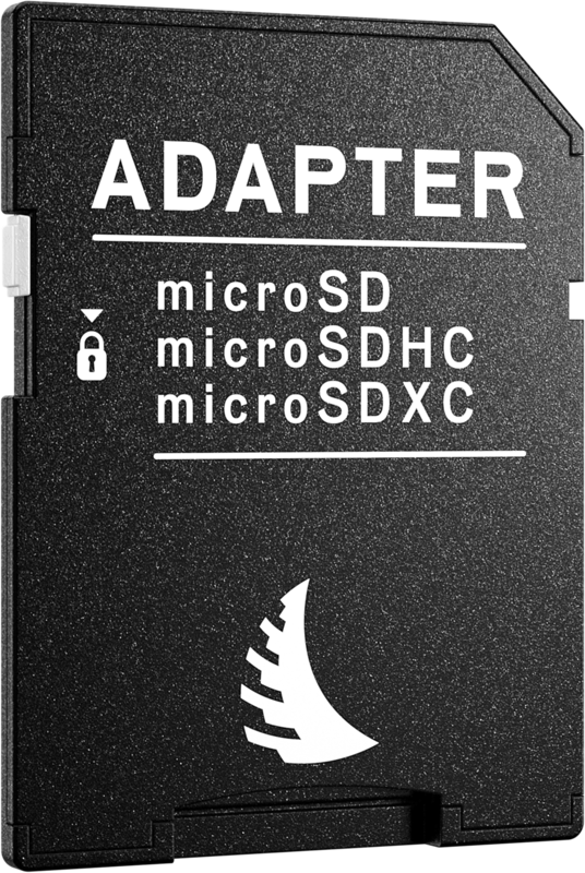 800q-04_123930 ANGELBIRD microSD AV PRO (V30) 128GB sisältää mustan sovittimen, jossa lukee "ADAPTER" ja joka tukee microSD-, microSDHC- ja microSDXC-muotoja. Sovittimessa näkyy myös valkoinen lukkosymboli ja tyylitelty valkoinen logo.