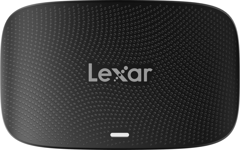 Musta Lexar Cardreader CFExpress Type B/SD UHS-II USB 3.2 Gen2 -lukija, jossa on kuvioitu pistemäinen kuvio, pyöristetyt reunat, Lexar-logo keskellä ja pieni valkoinen merkkivalo lähellä alareunaa.