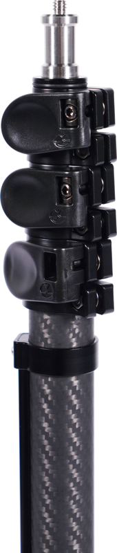 Close-up of the Sirui Light Stand DK-18 Carbon Fiber Air-Cushioned with three black flip-lock fasteners and a metal mounting screw at the top, against a plain light background.