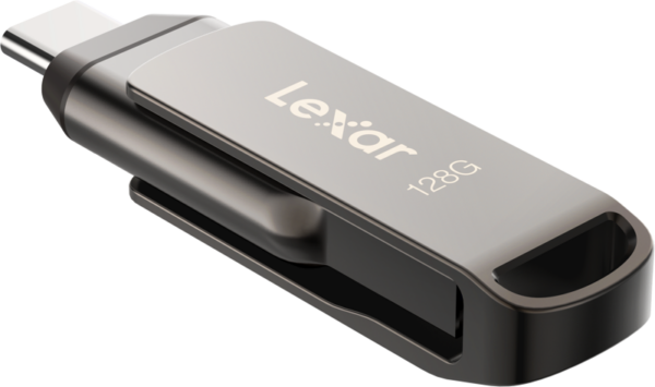 The Lexar Jumpdrive Dual Drive D400 Type-C / Type-C & Type-A 128GB flash drive with metal casing and sliding connector design is pictured against a plain background.