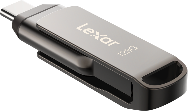 The Lexar Jumpdrive Dual Drive D400 Type-C / Type-C & Type-A 128GB flash drive with metal casing and sliding connector design is pictured against a plain background.
