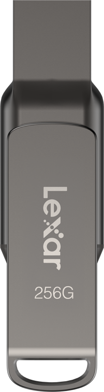 The Lexar Jumpdrive Dual Drive D400 Type-C / Type-C & Type-A 256GB flash drive is shown vertically, with the Lexar logo and "256G" text on the front.