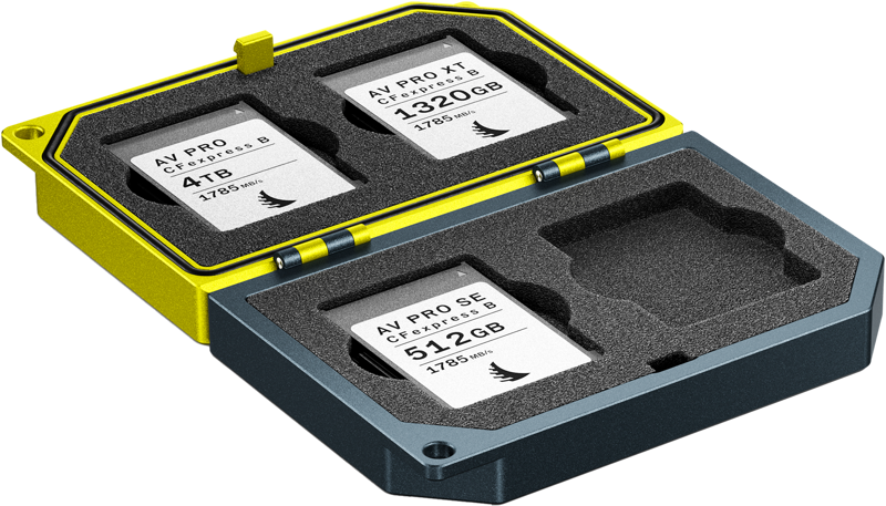 ANGELBIRD MEDIA TANK CFexpress (type B), yellow and grey, safely holds two memory cards - AV PRO XT 1.32TB and AV PRO SE 512GB - in foam compartments, leaving a third slot empty.