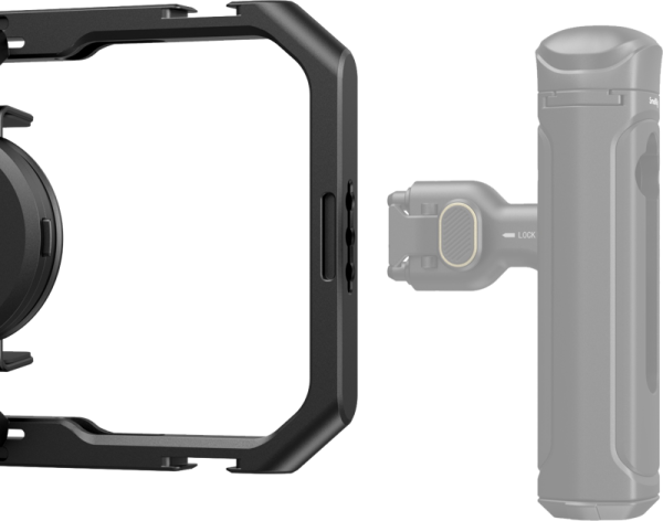 800q-04_126133 Lähikuva SmallRig 4299 Universal Quick Release Mobile Phone Cage MC4 -matkapuhelinhäkistä mustana, jossa on osittain näkyvä harmaa kahva. Molemmissa näkyy kiinnitys- ja lukitusmekanismi tavallista vaaleaa taustaa vasten.