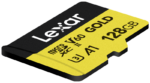 Lähikuva Lexar microSDXC GOLD UHS-II/C10/A1/U3 128GB mustakeltaisesta muistikortista, jossa näkyy V60-nopeusluokitus (R280/W100) ja muita teknisiä tietoja.