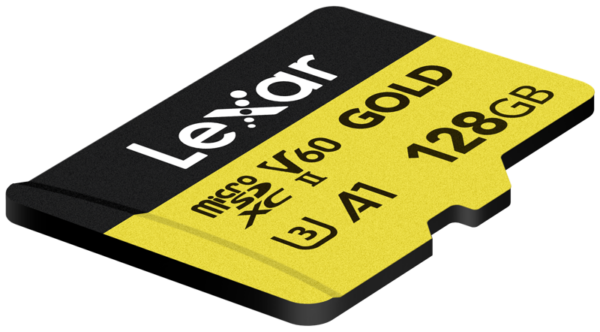 Lähikuva Lexar microSDXC GOLD UHS-II/C10/A1/U3 128GB mustakeltaisesta muistikortista, jossa näkyy V60-nopeusluokitus (R280/W100) ja muita teknisiä tietoja.