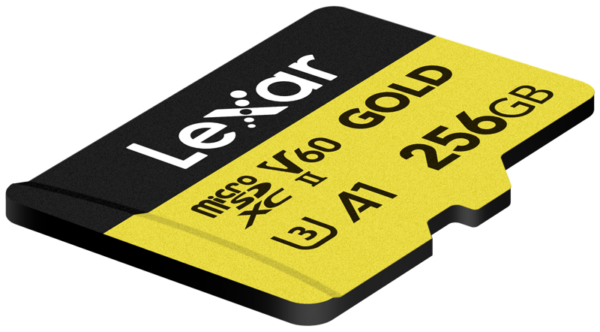 Lexar microSDXC GOLD UHS-II 256GB -kortti on keltaisen ja mustan värinen, siinä on R280/W100-nopeus ja se tukee V60-, U3-, A1- ja C10-nopeusluokkia.