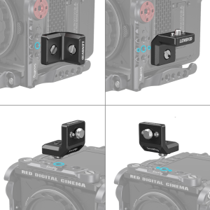 Neljä näkymää SmallRig 4360 Mini L-Shaped Mount Plate Kit -kiinnityspalasarjasta, joka on RED-digitaalisen elokuvakameran kylkeen asennettava musta metallinen kiinnike, jossa näkyy eri kulmia ja kiinnityspisteitä.