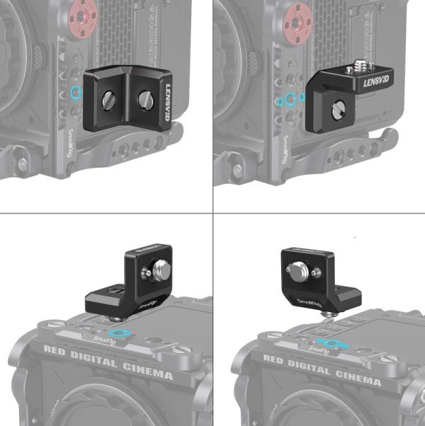 Neljä näkymää SmallRig 4360 Mini L-Shaped Mount Plate Kit -kiinnityspalasarjasta, joka on RED-digitaalisen elokuvakameran kylkeen asennettava musta metallinen kiinnike, jossa näkyy eri kulmia ja kiinnityspisteitä.