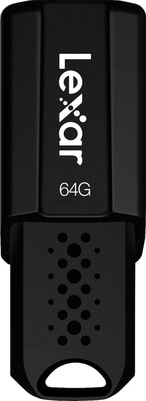 Black Lexar JumpDrive S80 (USB 3.1) 64GB flash drive with white text "Lexar" and "64G" on the front and a geometric pattern near the connector.