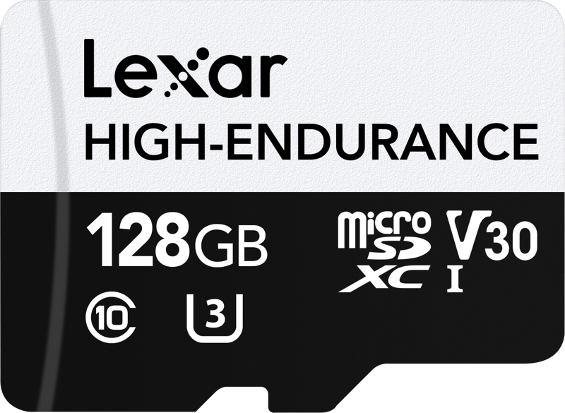 Lexar microSDXC High-Endurance UHS-I/U3/10 R100/W35 (V30) 128GB -muistikortti, jossa on nopeusluokka 10, UHS-nopeusluokka 3, V30-videoluokka ja UHS-I-symbolit painettu etupuolelle.
