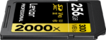 The Lexar Pro 2000X SDHC/SDXC UHS-II U3 (V90) 256GB memory card offers up to 300 MB/s read and 260 MB/s write speeds. It features a black design with yellow and white text.