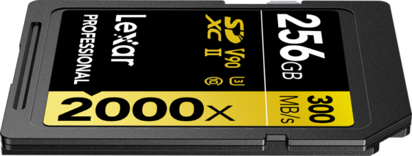 The Lexar Pro 2000X SDHC/SDXC UHS-II U3 (V90) 256GB memory card offers up to 300 MB/s read and 260 MB/s write speeds. It features a black design with yellow and white text.