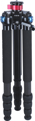 The Sirui R-4214E carbon fibre tripod is a black tripod with padded feet, blue adjustment locks and red mounting plate, shown folded vertically against a light background.
