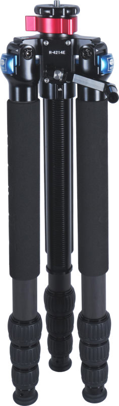 The Sirui R-4214E carbon fibre tripod is a black tripod with padded feet, blue adjustment locks and red mounting plate, shown folded vertically against a light background.
