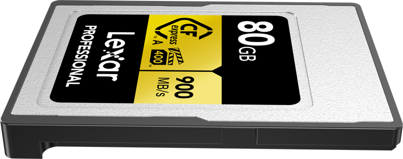 800q-05_120865 The Lexar CFexpress Pro Gold R900/W800 - VPG400 Type-A 80GB memory card is pictured lying flat with its label clearly visible. This memory card has a read speed of 900 MB/s.