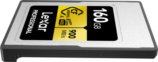 Lexar CFexpress Pro Gold R900/W800 - VPG400 Type-A 160GB muistikortti näkyy valkoisella pohjalla.