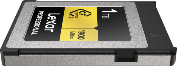 The Lexar CFexpress Pro Gold R1900/W1500 1TB memory card offers 1TB of storage and speeds up to 1900 MB/s in a black and silver design with yellow and white lettering.