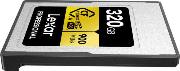 Lexar CFexpress Pro Gold R900/W800 VPG400 Type-A 320GB muistikortti tarjoaa jopa 900 MB/s nopeuden ja siinä on musta ja keltainen etiketti.