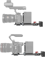 Sivukuva SmallRig 4063 V-Mount Battery Mount Plate Kit (Advanced) -laitteesta: yläkuvassa kamera on asennettu korkeammalle lisävarusteineen, kun taas alakuvassa kamera ja komponentit on laskettu alas säädettävään laitteeseen.