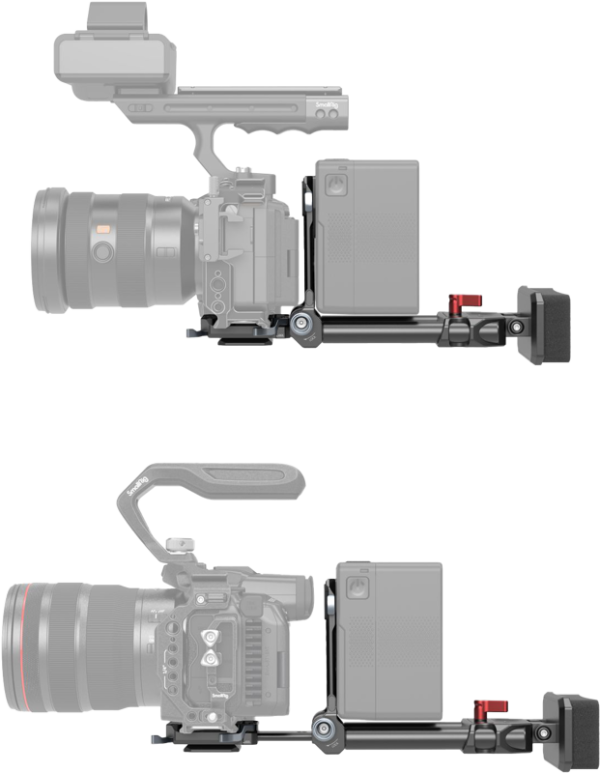 Sivukuva SmallRig 4063 V-Mount Battery Mount Plate Kit (Advanced) -laitteesta: yläkuvassa kamera on asennettu korkeammalle lisävarusteineen, kun taas alakuvassa kamera ja komponentit on laskettu alas säädettävään laitteeseen.