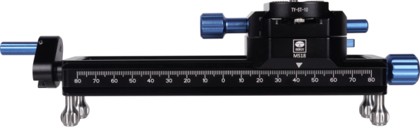 The Sirui Macro Focusing Rail MS18 is a black and blue metal rail with measurement markings and adjustment knobs, designed for precise positioning of the camera in photography or microscopy.