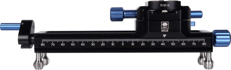 The Sirui Macro Focusing Rail MS18 is a black and blue metal rail with measurement markings and adjustment knobs, designed for precise positioning of the camera in photography or microscopy.