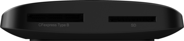 Lähikuva Lexar Cardreader CFExpress Type B/SD UHS-II USB 3.2 Gen2 -lukijasta, jossa on kaksi korttipaikkaa: CFexpress Type B vasemmalla ja SD oikealla, suunniteltu muistikorttien lukemiseen.