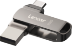 The Lexar Jumpdrive Dual Drive D400 256GB has both Type C and Type A connectors and a swivel design, shown in white.
