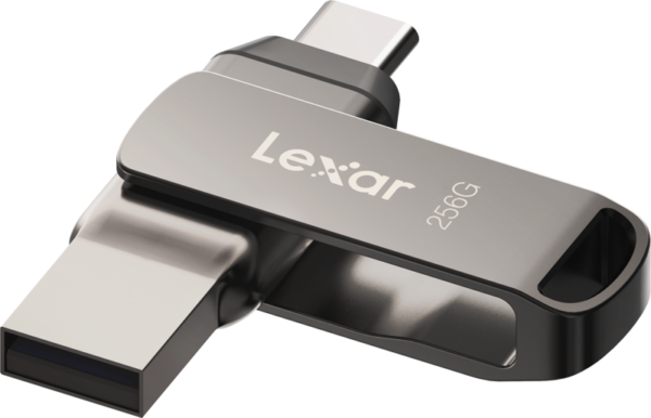 The Lexar Jumpdrive Dual Drive D400 256GB has both Type C and Type A connectors and a swivel design, shown in white.