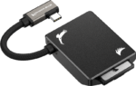 ANGELBIRD Kondor Blue CFexpress B Recording Module - Musta -muistikortinlukija sisältää mustan muotoilun valkoisilla lintulogoilla, joustavan USB-C-kaapelin ja SD-kortin, joka on osittain asetettu laitteeseen.