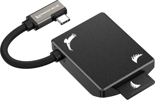 Musta ANGELBIRD Kondor Blue SD Recording Module -muistikortinlukija, jossa on joustava lyhyt kaapeli ja valkoinen lintulogo.