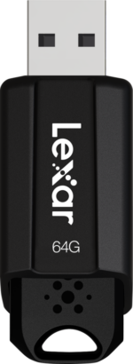 The Lexar JumpDrive S80 (USB 3.1) 64GB flash drive comes in a vertical design, with a black body with a USB connector at the top and the Lexar logo and 64G on the front.