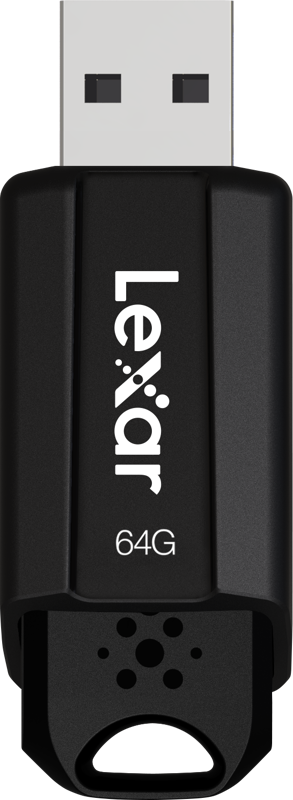 The Lexar JumpDrive S80 (USB 3.1) 64GB flash drive comes in a vertical design, with a black body with a USB connector at the top and the Lexar logo and 64G on the front.