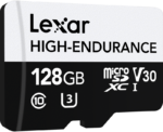 Lexar microSDXC High-Endurance UHS-I/U3/10 R100/W35 (V30) 128GB -muistikortti, jossa on korkea kestävyys, V30-nopeusluokka ja nopeat luku- ja kirjoitusnopeudet.