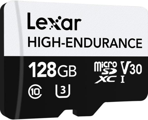 Lexar microSDXC High-Endurance UHS-I/U3/10 R100/W35 (V30) 128GB -muistikortti, jossa on korkea kestävyys, V30-nopeusluokka ja nopeat luku- ja kirjoitusnopeudet.