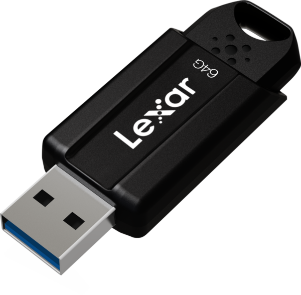 The Lexar JumpDrive S80 (USB 3.1) 64GB flash drive is black with a silver connector, blue inner border, white Lexar logo on the body, and a keychain hole at the top.