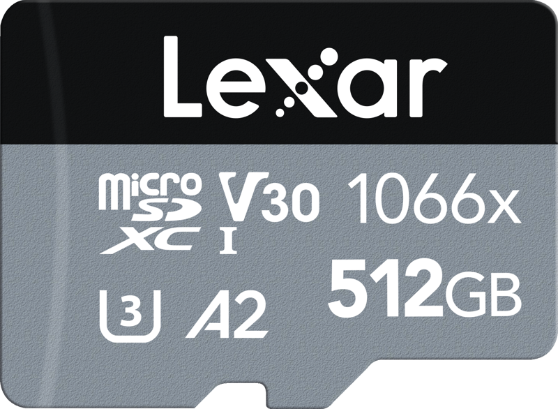 800q-07_115320 Lexar microSDHC SILVER 1066x UHS-I/U1/A2 R160/W70 (V30) 512 Gt:n kortti, jossa on valkoinen teksti, jossa on mustalla ja harmaalla pohjalla tiedot V30, 1066x, U3, A2 ja 512 Gt.