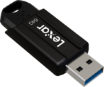 Black Lexar JumpDrive S80 USB 3.1 flash drive with blue-tipped connector and "64G" text on the surface, indicating 64GB of storage capacity.