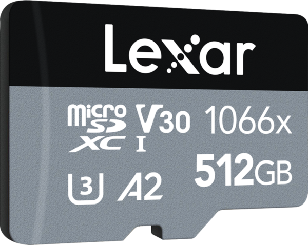 800q-08_115320 The Lexar microSDHC SILVER 1066x UHS-I/U1/A2 (V30) 512GB memory card features black and grey colours with bold white text, and displays up to 160MB/s read and 70MB/s write speeds on the front.