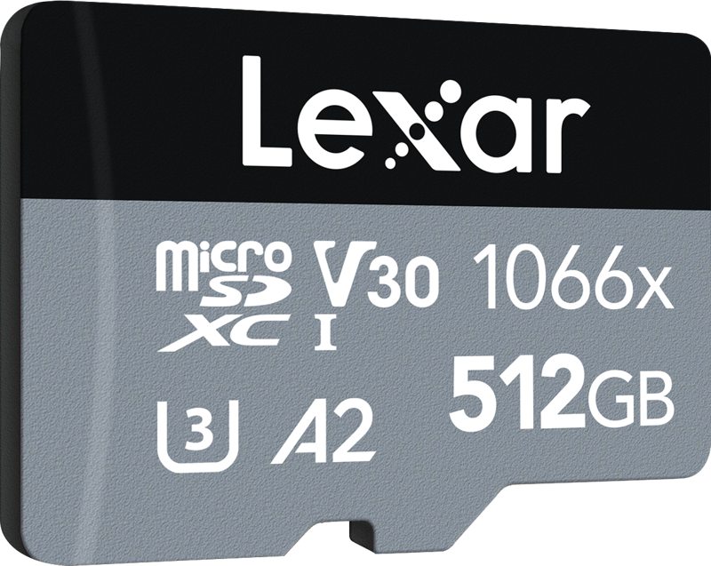 800q-08_115320 The Lexar microSDHC SILVER 1066x UHS-I/U1/A2 (V30) 512GB memory card features black and grey colours with bold white text, and displays up to 160MB/s read and 70MB/s write speeds on the front.