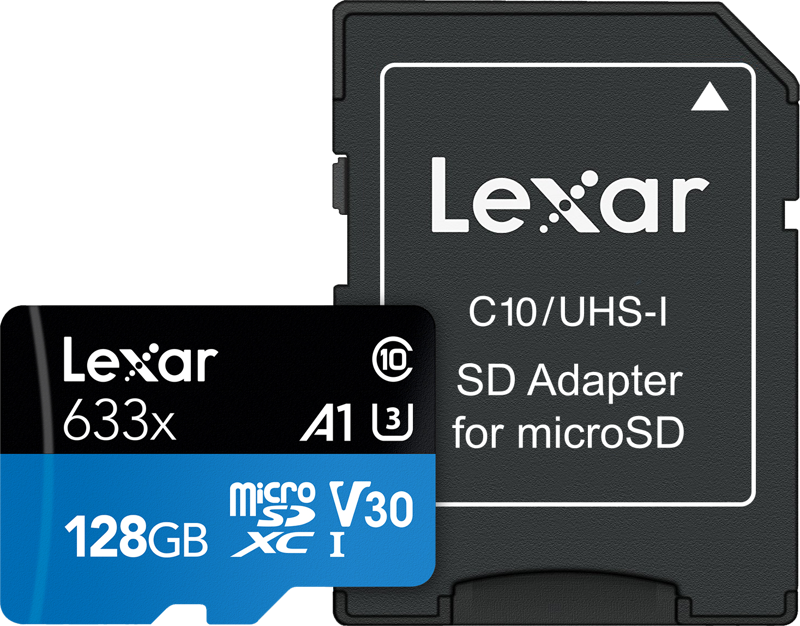 The Lexar 633X microSDHC/SDXC w/adap (V30) R95/W45 128GB memory card is displayed on the front of its Lexar SD Adapter for microSD. Both have class and speed ratings on the labels.