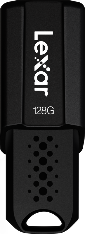 Black Lexar JumpDrive S80 (USB 3.1) 128GB with "Lexar" and "128G" printed in white on the front. The partially removed cap reveals a dotted connector.