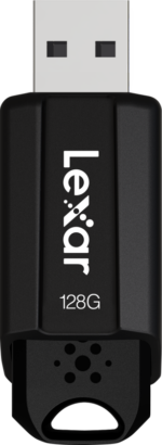 Lexar JumpDrive S80 -muistitikku (USB 3.1) 128 Gt on musta, suorakulmainen USB-asema, jossa lukee "128G" ja jonka pohjassa on avaimenperän reikä.